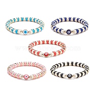 5Pcs 5 Colors Synthetic Hematite & Polymer Clay Heishi Beads Stretch Bracelets Set, Evil Eye Beads Bracelets, Power Lucky Bracelets for Women, Mixed Color, Inner Diameter: 2-1/4 inch(5.6cm), 1pc/color(BJEW-SZ0002-05)