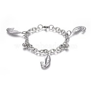 304 Stainless Steel Charm Bracelets, with 201 Stainless Steel Ring, with Lobster Claw Clasps, Round and Shrimp, Stainless Steel Color, 7-1/2 inch(19cm), Charm: 8.5x6mm and 27.5x12.5mm(BJEW-L637-20-P)