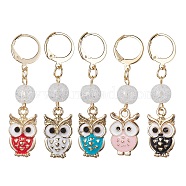 Owl Alloy Enamel Pendant Decorations, with Synthetic Crackle Quartz Beads and 304 Stainless Steel Leverback Earring Findings, Mixed Color, 47mm(HJEW-JM01278)