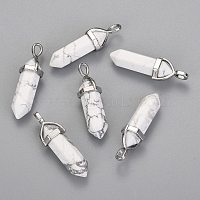 Natural Howlite Double Terminated Pointed Pendants, with Random Alloy Pendant Hexagon Bead Cap Bails, Bullet, Platinum, 36~45x12mm, Hole: 3x5mm, Gemstone: 10mm in diameter