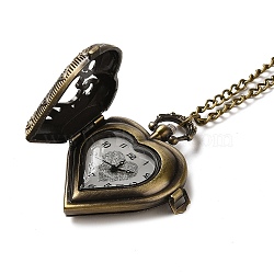 Alloy Glass Pendant Pocket Necklace, Electronic Watches, with Iron Chains and Lobster Claw Clasps, Heart, Antique Bronze, 16.14 inch(41cm), watches: 46x41x14mm(WACH-S002-04AB)