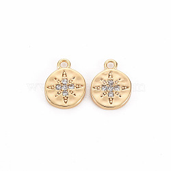 Brass Micro Pave Clear Cubic Zirconia Charms, Nickel Free, Flat Round with Star, Real 18K Gold Plated, 10x7.5x1.5mm, Hole: 1.2mm(X-KK-S356-458-NF)