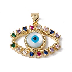Brass Micro Pave Colorful Cubic Zirconia Pendants, with Shell Cabochon, Cadmium Free & Nickel Free & Lead Free, Rack Plating, Evil Eye, Real 18K Gold Plated, 18.5x24x4mm, Hole: 3.5x5mm(KK-G439-64G)