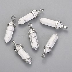 Natural Howlite Double Terminated Pointed Pendants, with Random Alloy Pendant Hexagon Bead Cap Bails, Bullet, Platinum, 36~45x12mm, Hole: 3x5mm, Gemstone: 10mm in diameter(X-G-F295-04F)