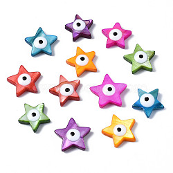 Natural Freshwater Shell Beads, with Enamel, Dyed, Star with Evil Eye, Mixed Color, 11~13x11~14x3~4mm, Hole: 0.8mm(SHEL-S278-005)