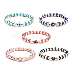 5Pcs 5 Colors Synthetic Hematite & Polymer Clay Heishi Beads Stretch Bracelets Set, Evil Eye Beads Bracelets, Power Lucky Bracelets for Women, Mixed Color, Inner Diameter: 2-1/4 inch(5.6cm), 1pc/color(BJEW-SZ0002-05)