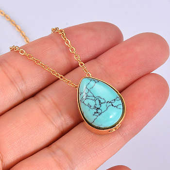 Synthetic Turquoise Teardrop Urn Ashes Pendant Necklace, Stainless Steel Memorial Jewelry for Women, Golden, 19.69 inch(50cm)