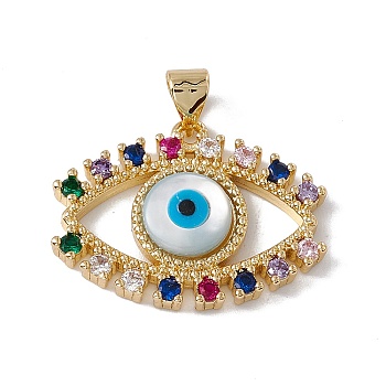 Brass Micro Pave Colorful Cubic Zirconia Pendants, with Shell Cabochon, Cadmium Free & Nickel Free & Lead Free, Rack Plating, Evil Eye, Real 18K Gold Plated, 18.5x24x4mm, Hole: 3.5x5mm