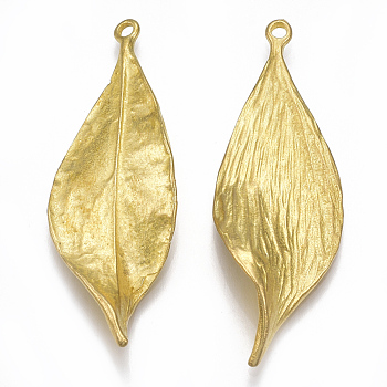 Brass Pendants, Nickel Free, Leaf, Raw(Unplated), 46.5x16x6.5mm, Hole: 1.8mm