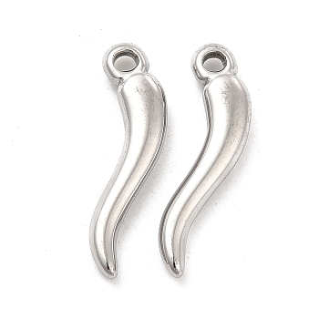 304 Stainless Steel Pendants, Horn of Plenty/Italian Horn Cornicello Charms, Stainless Steel Color, 20x6x3mm, Hole: 1.6mm