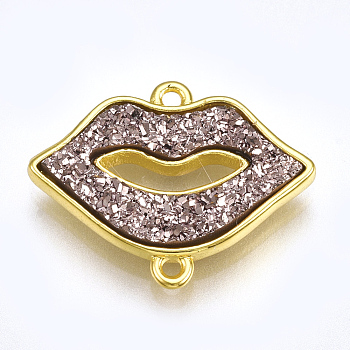 Electroplate Druzy Resin Links connectors, with Brass Findings, Lip, Golden, Rosy Brown, 16.5x20.5x3.5mm, Hole: 1.2mm