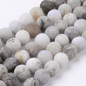 Natural Bamboo Leaf Agate Beads Strands, Frosted, Round, 10mm, Hole: 1mm, about 40pcs/strand, 15.3 inch(39cm)