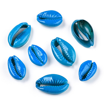 Spray Paint Cowrie Shell Beads, Two Tone, No Hole/Undrilled, Deep Sky Blue, 20~25x14~16x5~7mm