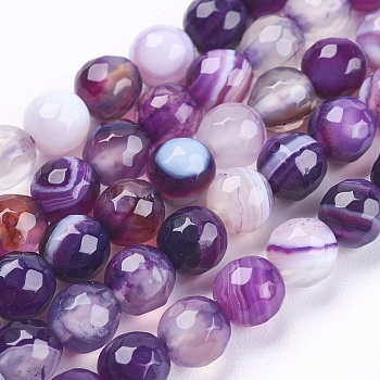 Natural Striped Agate/Banded Agate Beads Strands, Round, Faceted, Dyed, Indigo, 6mm, Hole: 1mm, about 62pcs/strand, 14.5 inch(37cm)