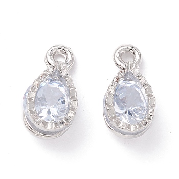 Alloy Clear Cubic Zirconia Charms, Long-Lasting Plated, Teardrop, Platinum, 12.5x7x5mm, Hole: 1.8mm