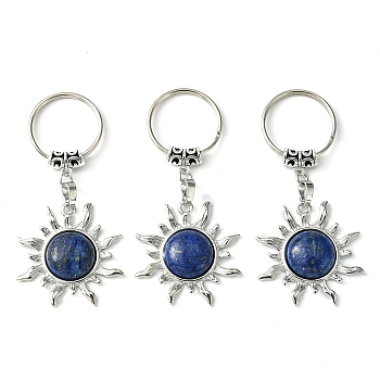 Natural Lapis Lazuli & Brass Sun Pendant Keychain, with Platinum Tone Brass Findings, for Bag Jewelry Gift Decoration, 7.5cm