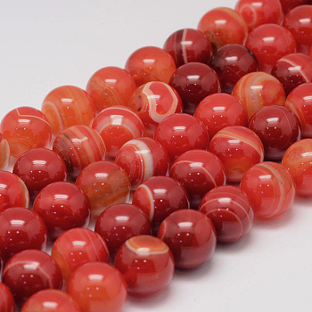Natural Striped Agate/Banded Agate Bead Strands, Round, Grade A, Dyed & Heated, Dark Orange, 12mm, Hole: 1mm, about 31~33pcs/strand, 14.5 inch