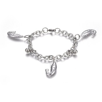 304 Stainless Steel Charm Bracelets, with 201 Stainless Steel Ring, with Lobster Claw Clasps, Round and Shrimp, Stainless Steel Color, 7-1/2 inch(19cm), Charm: 8.5x6mm and 27.5x12.5mm