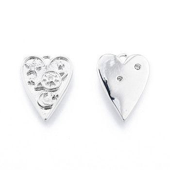 Ion Plating(IP) Brass Micro Pave Clear Cubic Zirconia Pendants, Heart with Planet, Real Platinum Plated, 15x11x2mm, Hole: 1mm