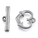 Non-Tarnish 304 Stainless Steel Toggle Clasps, Heart, Stainless Steel Color, Bar:6x22x2mm, Hole: 1.2mm, Heart: 16.5x16.5x2.5mm, Hole: 2mm.(STAS-N092-184)