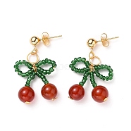 Cherry Dangle Stud Earrings, with Glass Seed Beads, Round Natural Red Agate Beads, 304 Stainless Steel Stud Earring Findings and Ear Nuts, Golden, 33mm, Pin: 0.8mm(EJEW-JE04339)