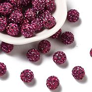 Pave Disco Ball Beads, Polymer Clay Rhinestone Beads, Round, Fuchsia, PP13(1.9~2mm), 6 Rows Rhinestone, 10mm, Hole: 1.5mm(RB-A130-10mm-16)