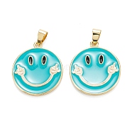 Brass Enamel Pendants, Real 18K Gold Plated, Long-Lasting Plated, Flat Round with Smiling Face, Dark Turquoise, 27x24.5x2.5mm, Hole: 5x3.5mm(KK-M220-02G-A)