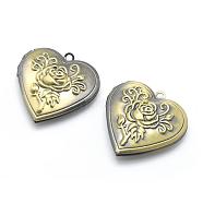 Brass Locket Pendants, Photo Frame Charms for Necklaces, Cadmium Free & Nickel Free & Lead Free, Heart with Rose, Brushed Antique Bronze, 29x29x7.5mm, Hole: 2mm, Inner Size: 21x16.5mm(KK-F717-04AB-NR)