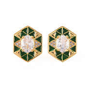 Brass Micro Pave Clear Cubic Zirconia Stud Earrings, with Enamel and Ear Nuts, Hexagon, Cadmium Free & Nickel Free & Lead Free, Real 16K Gold Plated, Green, 15x12mm, Pin: 0.8mm(EJEW-S210-016E-NR)