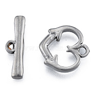 304 Stainless Steel Toggle Clasps, Heart, Stainless Steel Color, Bar:6x22x2mm, Hole: 1.2mm, Heart: 16.5x16.5x2.5mm, Hole: 2mm.(STAS-N092-184)