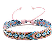 Cotton Braided Rhombus Cord Bracelet, Ethnic Tribal Adjustable Bracelet for Women, Pink, Inner Diameter: 7-1/8~9-7/8 inch(18~25cm)(PW-WG48792-04)