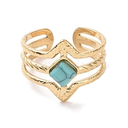 Synthetic Turquoise Rhombus Open Cuff Ring, Titanium Steel Jewelry for Women, Golden, Inner Diameter: 19mm(KK-A181-VF507)
