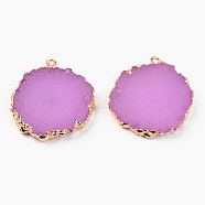 Resin Pendants, with Edge Light Gold Plated Iron Loops, Flat Round, Orchid, 35x31~32x4.5mm, Hole: 1.6mm(RESI-R428-011D)