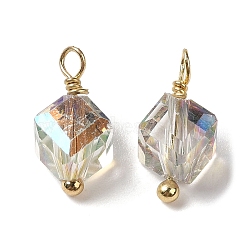 Electroplate Glass Charms, with Real 18K Gold Plated Brass Loop, Faceted Diagonal Cube Charm, Clear, 12.5x8x7.5mm, Hole: 1.6mm(KK-P242-22G-02)