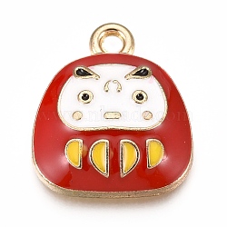 Alloy Pendants, with Enamel, Japanese Dharma Doll, Good Luck Charms, Golden, Red, 15.5x13.5x3.5mm, Hole: 1.6mm(ENAM-I043-06B)