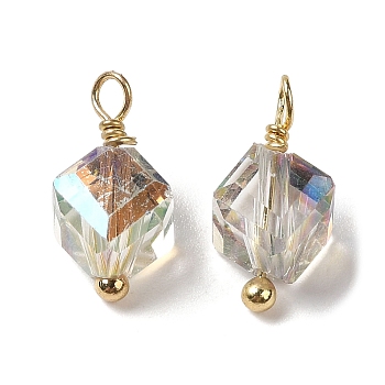 Electroplate Glass Charms, with Real 18K Gold Plated Brass Loop, Faceted Diagonal Cube Charm, Clear, 12.5x8x7.5mm, Hole: 1.6mm