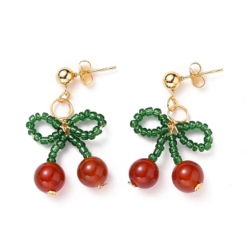 Cherry Dangle Stud Earrings, with Glass Seed Beads, Round Natural Red Agate Beads, 304 Stainless Steel Stud Earring Findings and Ear Nuts, Golden, 33mm, Pin: 0.8mm