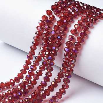 Electroplate Transparent Glass Beads Strands, Half Rainbow Plated, Faceted, Rondelle, FireBrick, 4x3mm, Hole: 0.4mm, about 130pcs/strand, 16.54 inch(42cm)