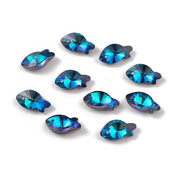 Electroplate Transparent Glass Pendants, Back Plated, Faceted, Fish Charms, Blue, 17x9x5.5~6mm, Hole: 1.2mm