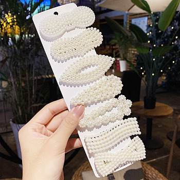 Plastic Imitation Pearl Alligator Hair Clip Sets, with Iron Clip, Hair Accessories for Girls Women, Mixed Shapes, Floral White, 70mm, 7pcs/set