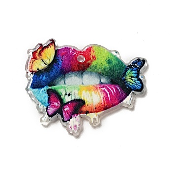 Printed Acrylic Pendants, Lips with Butterfly Charms, 30x36x2mm, Hole: 1.8mm