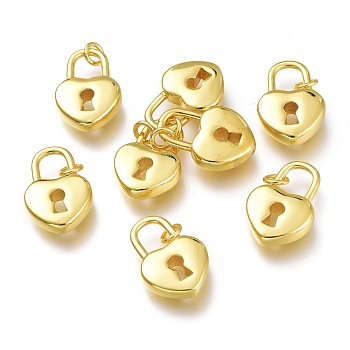 Brass Padlock Pendants, with Jump Rings, Long-Lasting Plated, Heart Lock, Golden, 19x13x4mm, Hole: 3mm