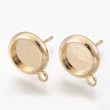 Brass Ear Stud Findings, with Loop, Real 18K Gold Plated, Tray: 8mm, 13.5x11mm, Hole: 2mm