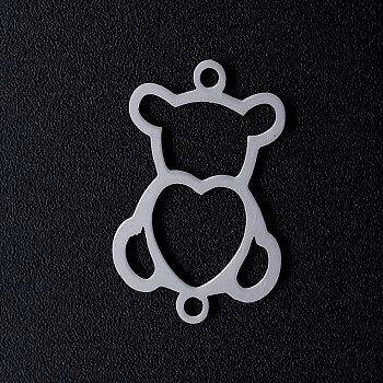 201 Stainless Steel Links connectors, Bear with Heart, Stainless Steel Color, 21x14x1mm, Hole: 1.5mm