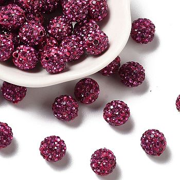 Pave Disco Ball Beads, Polymer Clay Rhinestone Beads, Round, Fuchsia, PP13(1.9~2mm), 6 Rows Rhinestone, 10mm, Hole: 1.5mm