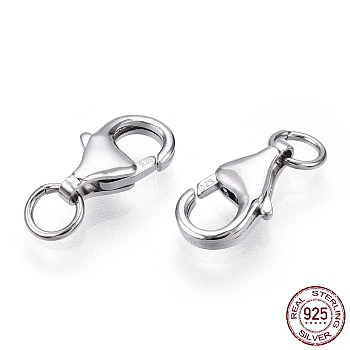 Rhodium Plated 925 Sterling Silver Lobster Claw Clasps, with Jump Ring, with 925 Stamp, Real Platinum Plated, 9x5.5x2.5mm, Hole: 2.2mm