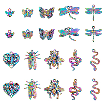 HOBBIESAY Animal Theme Alloy Pendant Sets, Butterfly & Bee & Dragonfly, Rainbow Color, 9.5~31x11~27.5x1.5~5.5mm, 20pcs/box