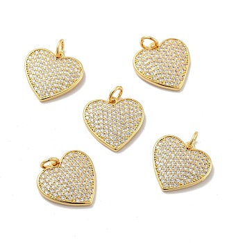Heart Brass Micro Pave Cubic Zirconia Pendants, with Jump Rings, Cadmium Free & Nickel Free & Lead Free, Real 18K Gold Plated, Clear, 15x15x1.5mm, Hole: 3.4mm