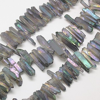 Irregular Strip Electroplated Natural Quartz Beads Strands, 15~40x6~10x6~12mm, Hole: 1~2mm, 15.7 inch