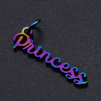 Ion Plating(IP) 201 Stainless Steel Pendants, with Jump Rings, Word Princess, Rainbow Color, 7x23x1mm, Hole: 3mm